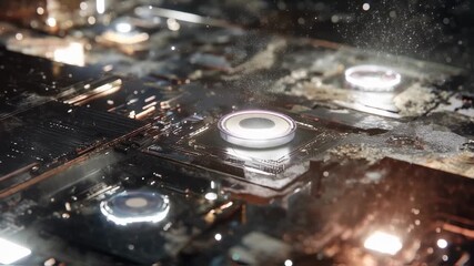 Wall Mural - quantum processor cooling down with water droplets falling on the circuit board, creating a futurist
