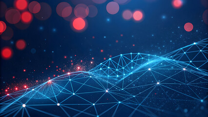 Wall Mural - abstract digital network landscape with blue lines and red bokeh lights background new latest web ai