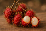 Fresh ripe rambutan fruit on wooden table close up, peeled exotic tropical lychee-like fruit with juicy white flesh and seed, raw organic nutrition, macro food photography for health and culinary conc