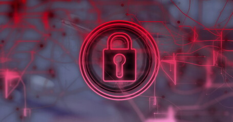 Wall Mural - Pulsating neon red padlock icon rotating in glowing rings in network interface, glowing data nodes