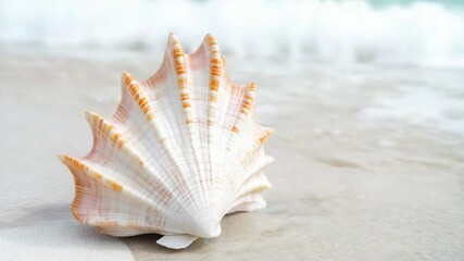 Wall Mural - A single seashell lies on a sandy beach, near the ocean