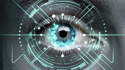 Wall Mural - blue eye with futuristic overlay, showcasing technological advancement, biometric security, human au
