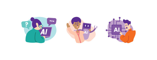 Artificial intelligence vector illustration set with people and AI elements. Perfect for technology, chatbot, machine learning, data science, virtual assistant, coding, and innovation-themed designs