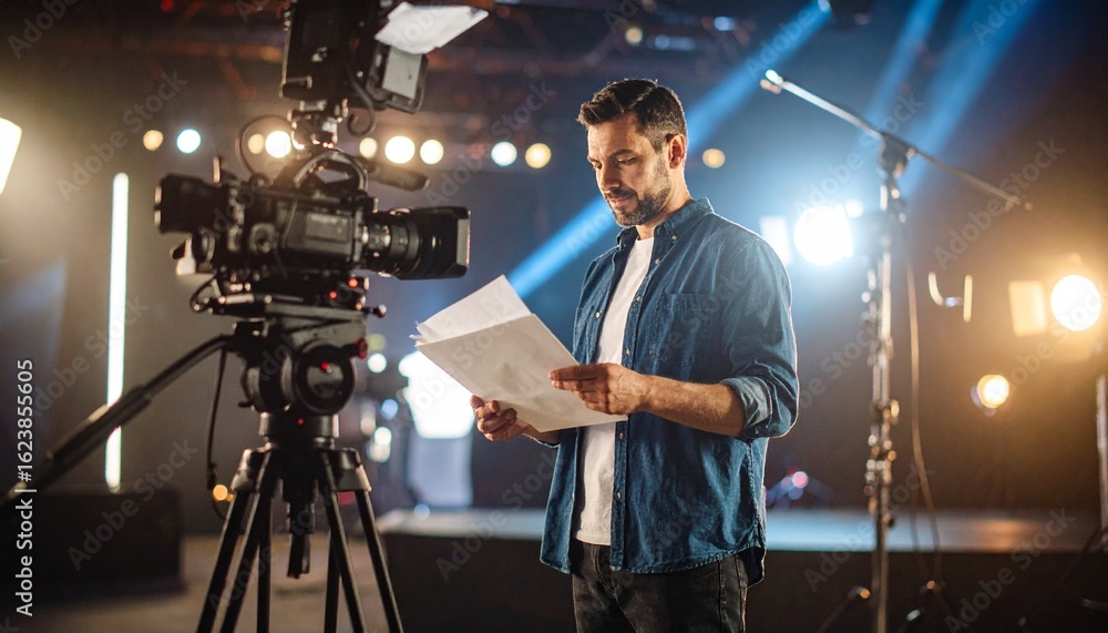 Director reviewing script on a brightly lit soundstage beside a ...