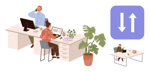 Wall Mural - team of professionals working at desks with computers, papers, plants, and a data exchange icon. ide