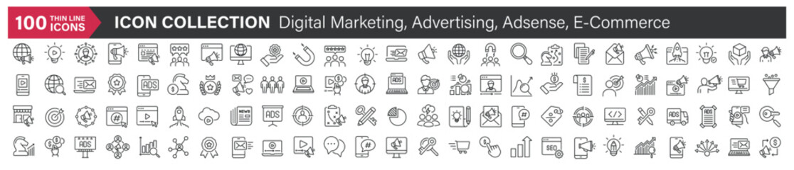 Sticker - big icons collection. containing digital marketing, advertising, adsense, e-commerce. thin line styl