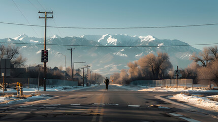 Wall Mural - A man is walking down a snowy road in the mountains