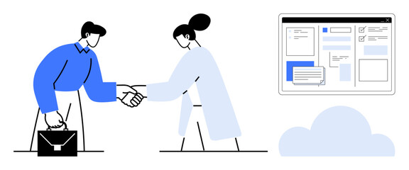 Wall Mural - two individuals shaking hands, symbolizing business cooperation and partnership, next to a screen sh