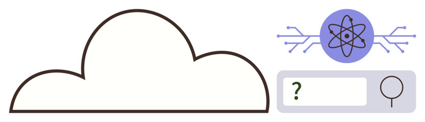 Cloud with digital circuit, atom symbol, search bar, and magnifier. Ideal for technology, AI, research, innovation data connectivity education. Representing a simple flat metaphor