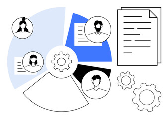 Circular chart with team member profiles, gears, and documents represents collaboration, planning, and process optimization. Ideal for teamwork, strategy, productivity, HR communication