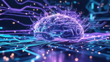 Futuristic artificial intelligence working process, glowing neural network connections, digital brain, holographic circuits processing data, abstract tech animation, blue and purple light effects