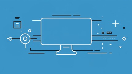 AI Quantum Computing Research and Development concept, Computer monitor with abstract digital elements on a blue background