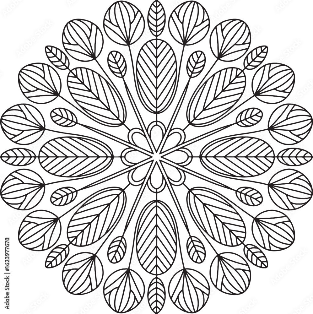Intricate floral mandala design with leaf motifs pattern black and ...