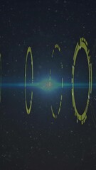Wall Mural - In animation, glowing yellow rings with blue light beam in starry space