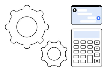 Large and small gears, a digital calculator, and a chat window interface. Ideal for collaboration, productivity, automation, problem-solving, communication, technology simple landing page