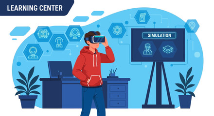 Modern Learning Through Simulation Young Man Wearing Virtual Reality Headset in Classroom