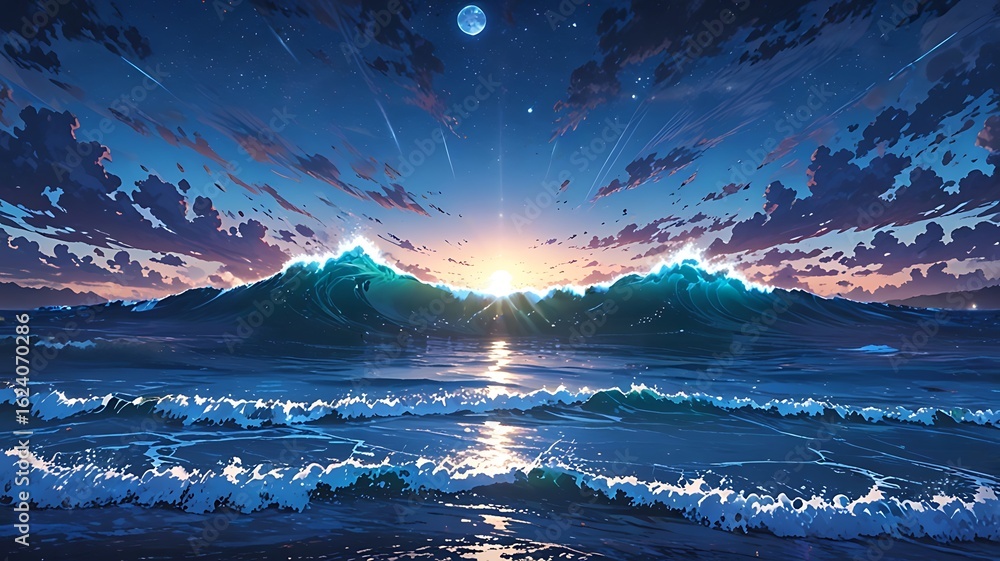 Sunset Over Ocean Waves in Anime Style Seascape Stock Photo | Adobe Stock