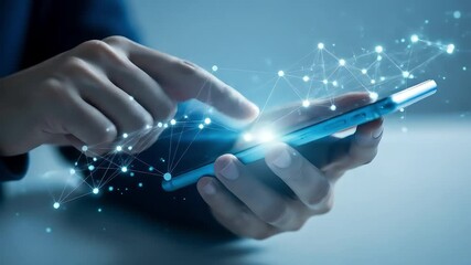 Hands Interacting With A Glowing Smartphone Display Depicting Digital Connections Over Blue Background