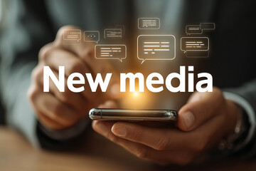 Person Uses Smartphone with Speech Bubbles. Concept for tech, new media, social networks, online communication. For marketing, design, and editorial use.