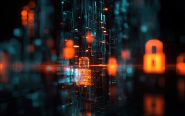 Wall Mural - abstract digital landscape with glowing orange padlocks, symbolizing cybersecurity, data protection,