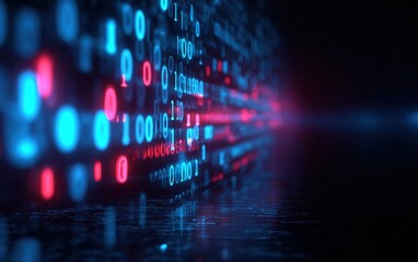Wall Mural - a futuristic digital background of glowing blue and red binary code, reflecting on a dark surface, s