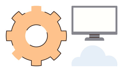 Gear, cloud, and monitor symbolizing technology, cloud computing, system integration, and innovation. Ideal for IT, teamwork, software engineering technical solutions digital strategy and simple