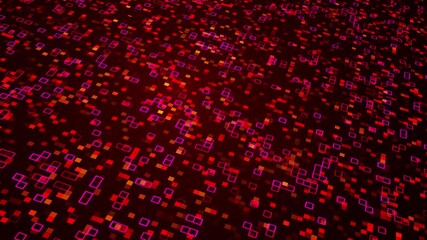 Sticker - Glowing neon squares patterns rotating perspectively on dark video background with red, pink, orange colors for wallpaper, backdrop, banner, footage, animation, motion design