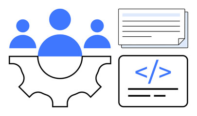 Wall Mural - team members on a gear symbolizing collaboration, documents for planning, and coding interface for d