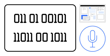 Binary code display, website interface window, blue microphone icon. Ideal for technology, programming, AI, software development, digital communication web design and voice recognition. Simple flat