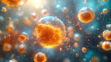 Wall Mural - Abstract spheres, vibrant orange and translucent, suspended in a dark, swirling background