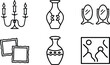 © YEASIN ARAFAT - A clean and minimalistic set of six black silhouette icons representing various home decor items, displayed on a white background. This vector style illustration includes a candelabra, decorative vase
