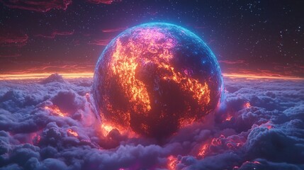 Wall Mural - Fiery planet rising through vibrant clouds