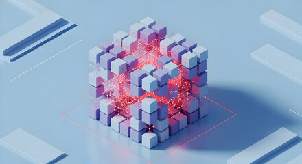 Wall Mural - abstract cube design featuring pixelated blocks with glowing red network on light blue background