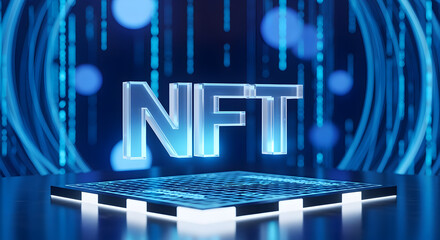 Wall Mural - abstract nft letters on platform with neon blue light streaks and bokeh effect in 3d rendering style