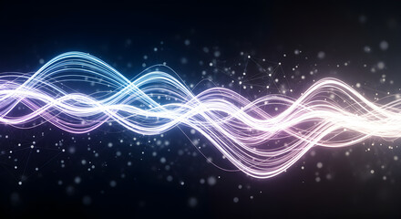 Wall Mural - Abstract Wave Lines with Purple and White Lights Flowing on Dark Background with Bright Particle Effects