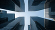 © abu - Dramatic Low Angle View of Modern Skyscrapers with Blue Glass Facades and Geometric Patterns Against a Light Sky in an