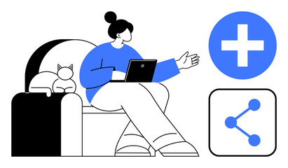 Wall Mural - woman seated on sofa with laptop, cat resting beside her, blue plus and share icons nearby. ideal fo