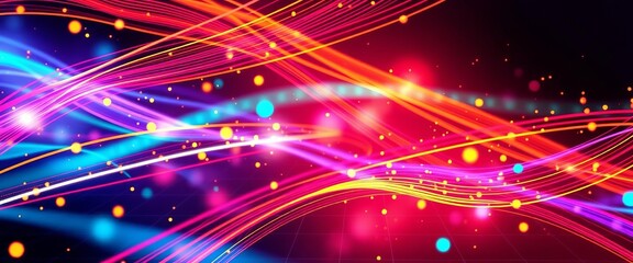 Wall Mural - Abstract vector background featuring a vibrant, dynamic grid with colorful lines and glowing particles,  science,  illustration