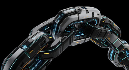 Wall Mural - futuristic metallic chain links glowing with blue light on a black background creating a modern tech