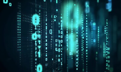 Wall Mural - abstract background of blue numbers and letters in the form of binary code on a dark digital wallpap