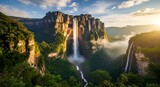 Angel Falls plunges from Auyán-tepuy mountain in Venezuela, cascading through lush green rainforest landscape under a bright, sunny sky with low-lying clouds.
