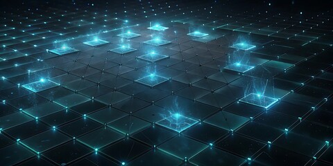 Abstract digital network of glowing blue lights and data points, representing technology, information, and futuristic connections.