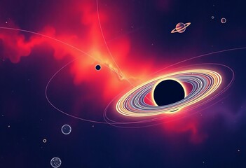 Wall Mural - Minimalist line art depicting abstract galaxy, solar system, planets, and black hole in cosmic space,  stars,  cosmic