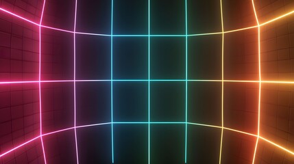 Wall Mural - the image displays a 3d abstract background with a geometric grid of neon lines in a gradient of col