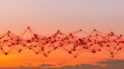 Wall Mural - the image showcases a surreal digital network of red nodes and lines against a vivid orange sunset, 