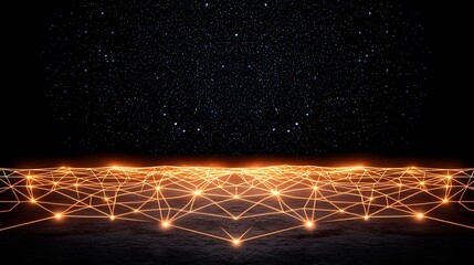 Wall Mural - this image shows a glowing orange network grid extending over a dark surface, set against a black ba