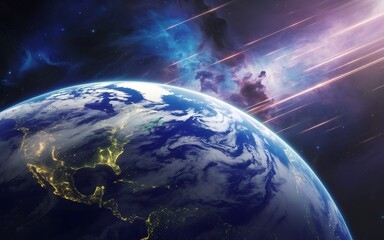 earth viewed from space with glowing nebula and light streaks