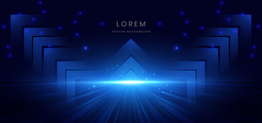 Wall Mural - scene blue light on dark background with arrow effect glowing. futuristic backdrop design concept.