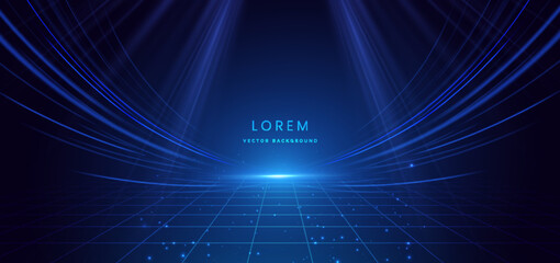 Wall Mural - scence futuristic glowing blue neon light ray with speed motion moving on dark blue background.