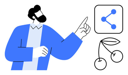 Wall Mural - male figure pointing toward a sharing icon with a simple cherry sketch highlighting connection, shar